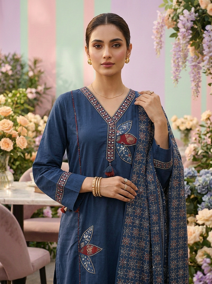 Neerus Blue Cotton Embroidered Suit Set - detail view 1
