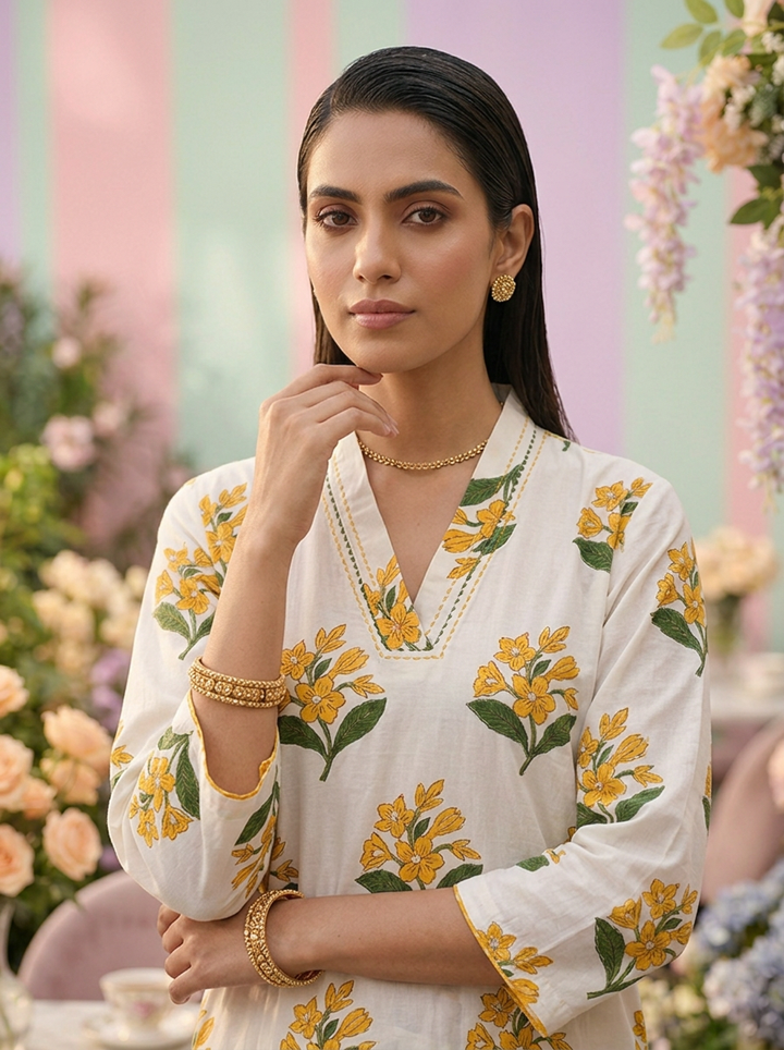 Neerus Yellow cotton printed suit set - detail view 2