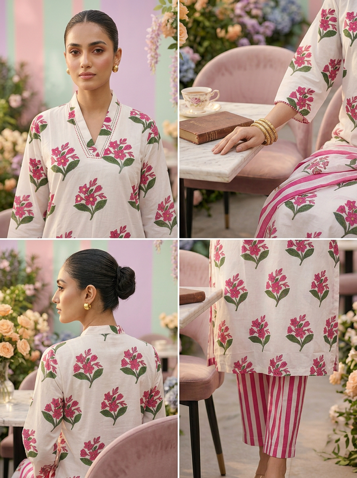 Neerus Pink cotton printed suit set - side view