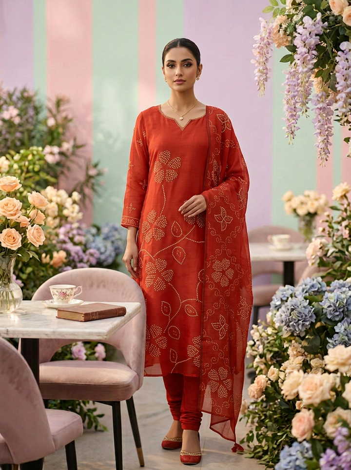 Burnt Orange Linen Floral Printed Three Piece Set