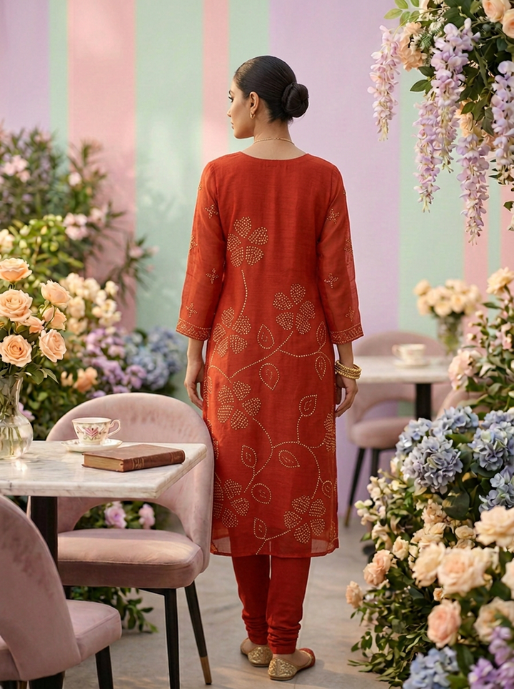 Burnt Orange Linen Floral Printed Three Piece Set