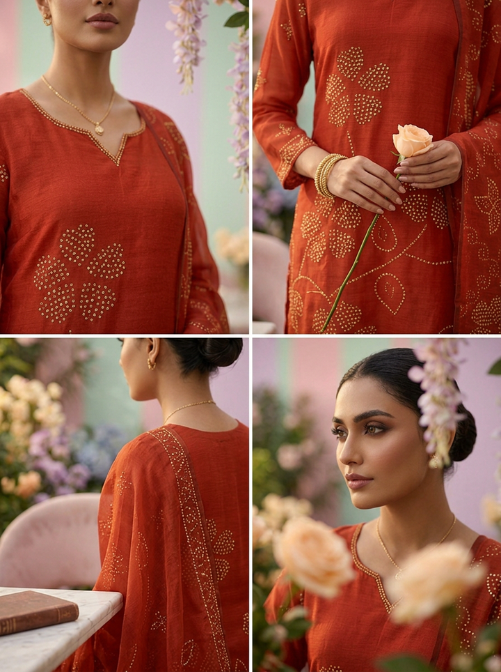 Burnt Orange Linen Floral Printed Three Piece Set