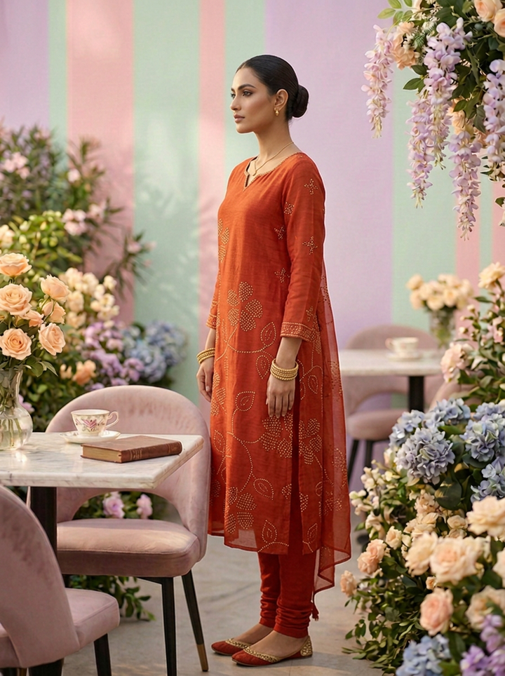 Burnt Orange Linen Floral Printed Three Piece Set