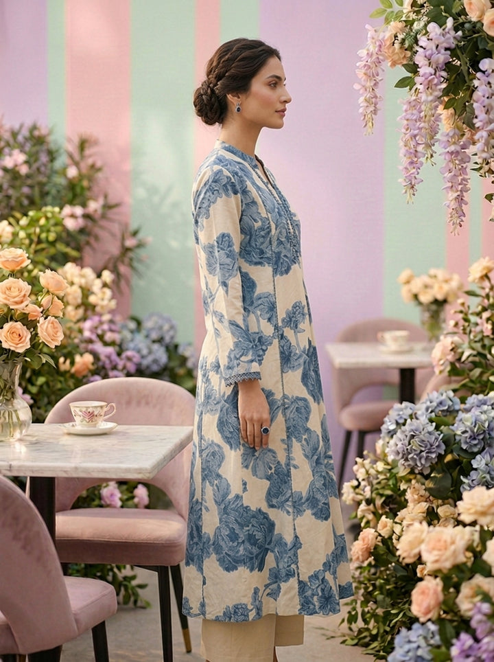 Neerus Blue cotton digital printed kurti - detail view 1