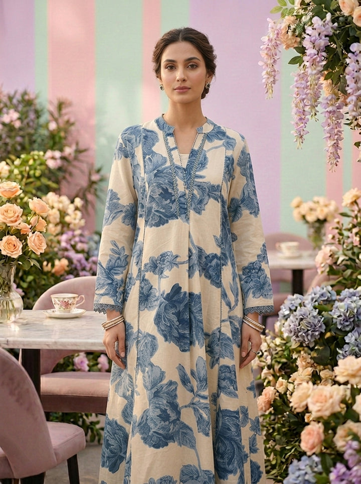 Neerus Blue cotton digital printed kurti - detail view 2