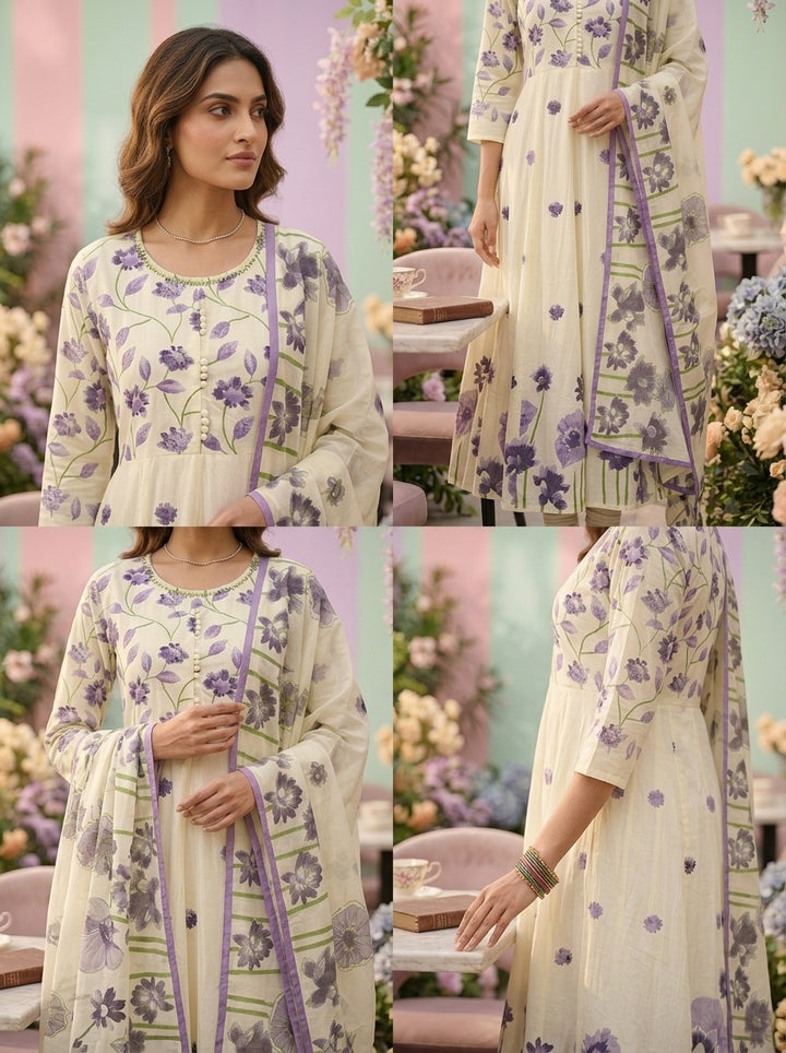 Neerus Purple cotton printed suit set - side view