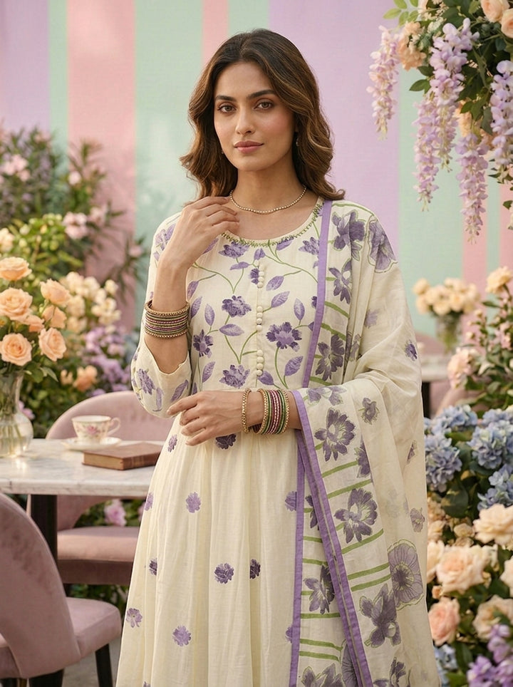 Neerus Purple cotton printed suit set - detail view 2