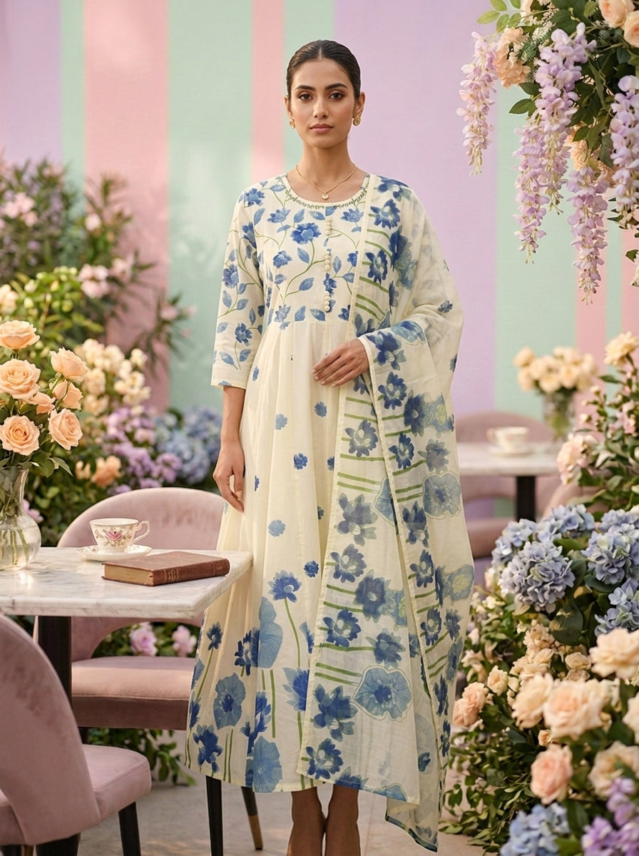 Neerus Blue Floral Printed Cotton Straight Suit Set
