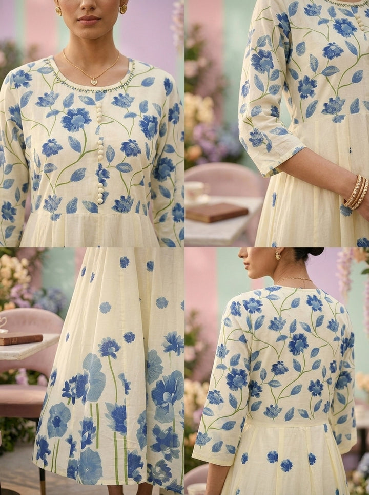 Neerus Blue cotton printed suit set - side view