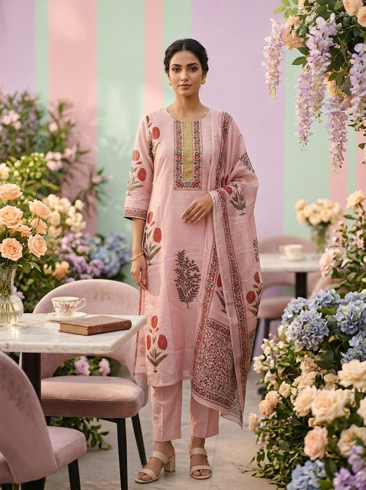 Baby Pink Cotton Floral Printed Three Piece Set