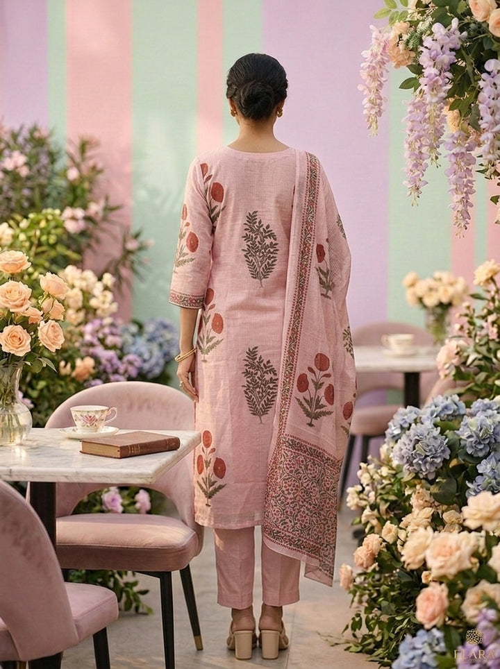 Baby Pink Cotton Floral Printed Three Piece Set