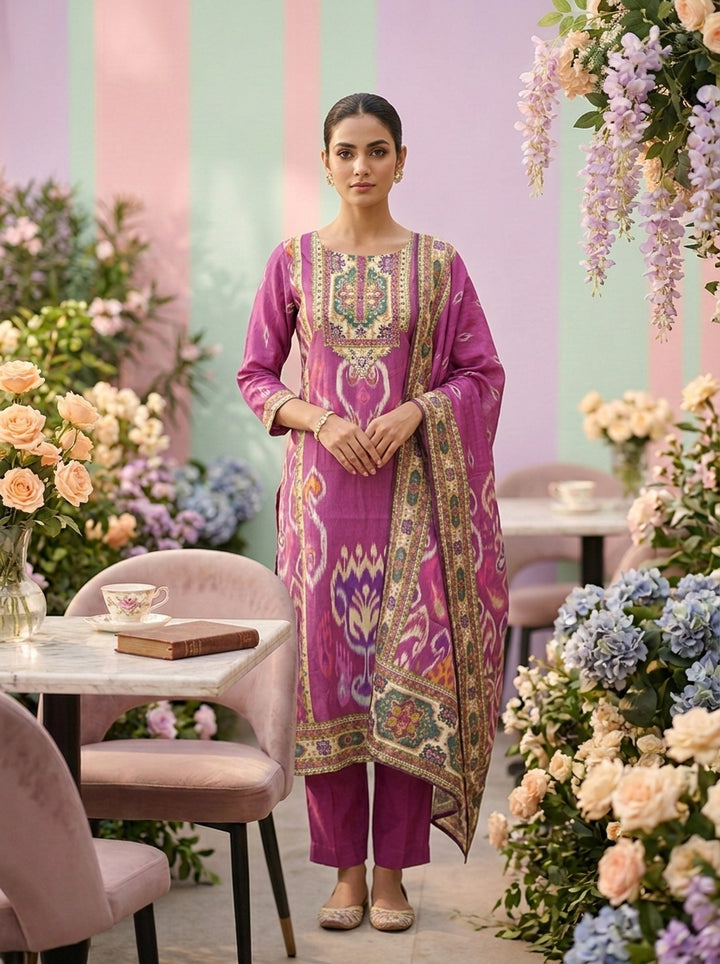 Neerus Pink muslin embellished suit set - front view