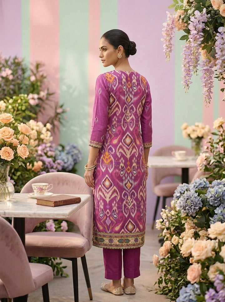 Neerus Pink muslin embellished suit set - back view