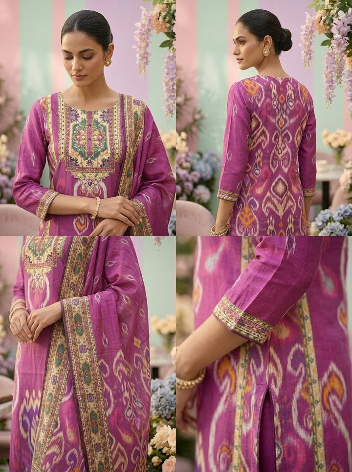 Neerus Pink muslin embellished suit set - side view