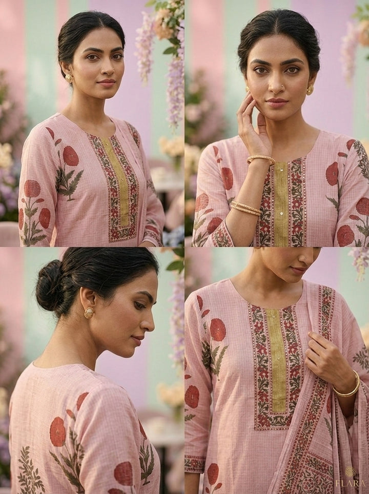 Baby Pink Cotton Floral Printed Three Piece Set