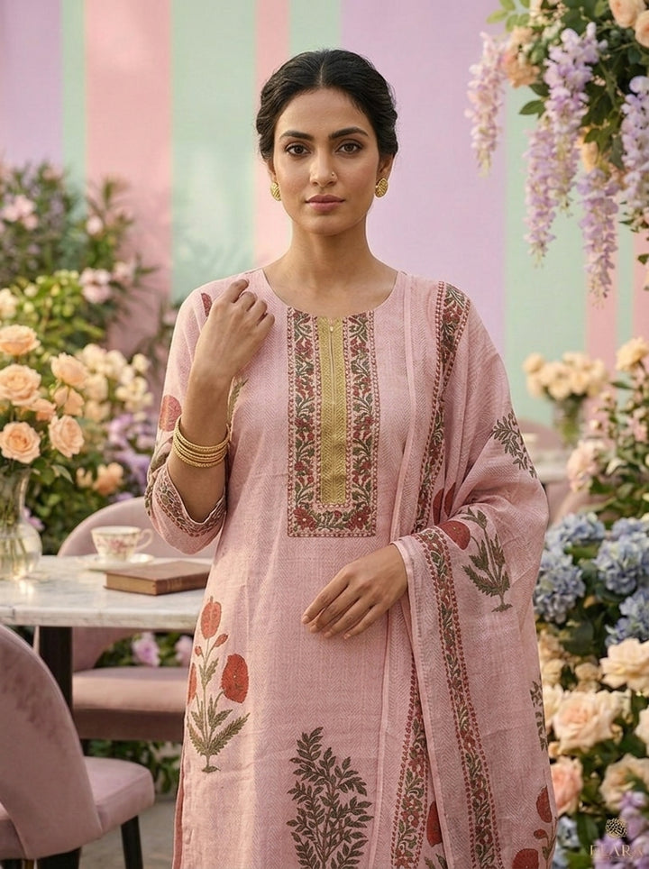 Baby Pink Cotton Floral Printed Three Piece Set