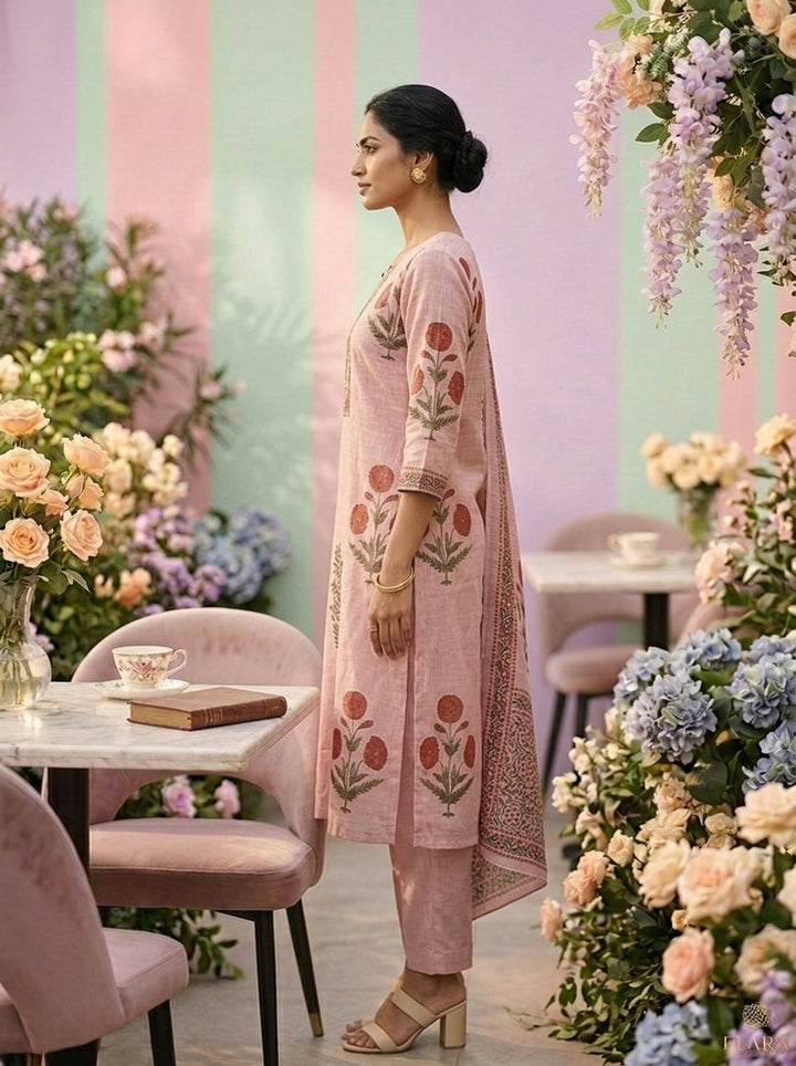 Baby Pink Cotton Floral Printed Three Piece Set