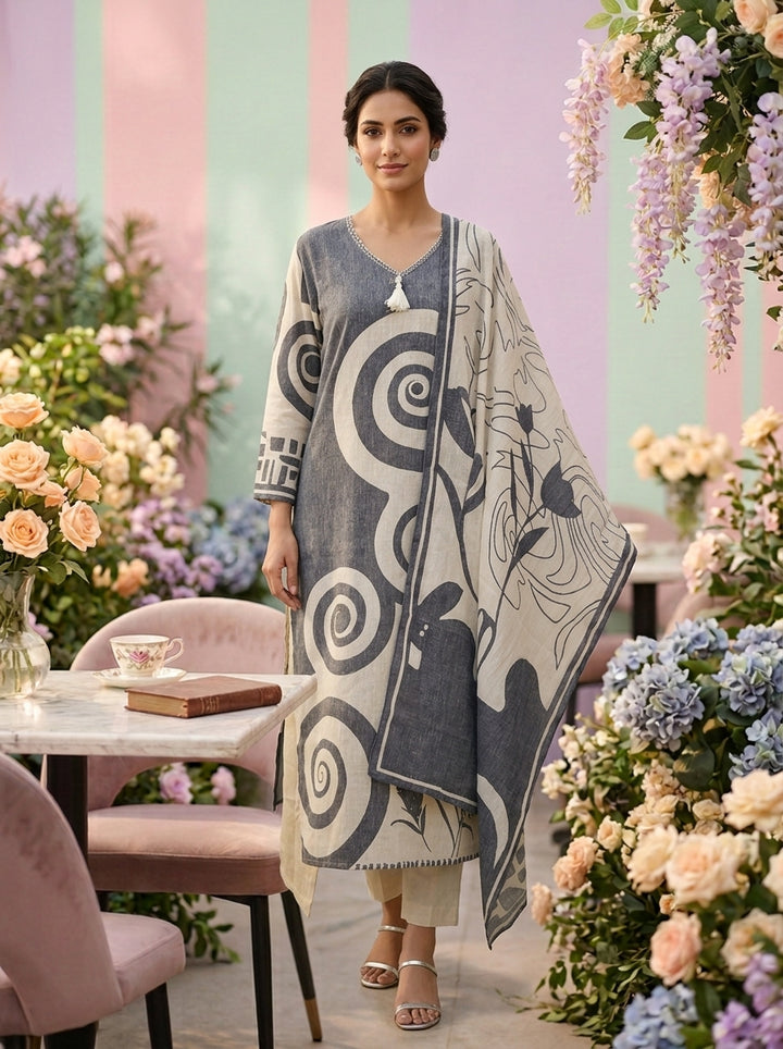 Grey Linen Printed Three Piece Set