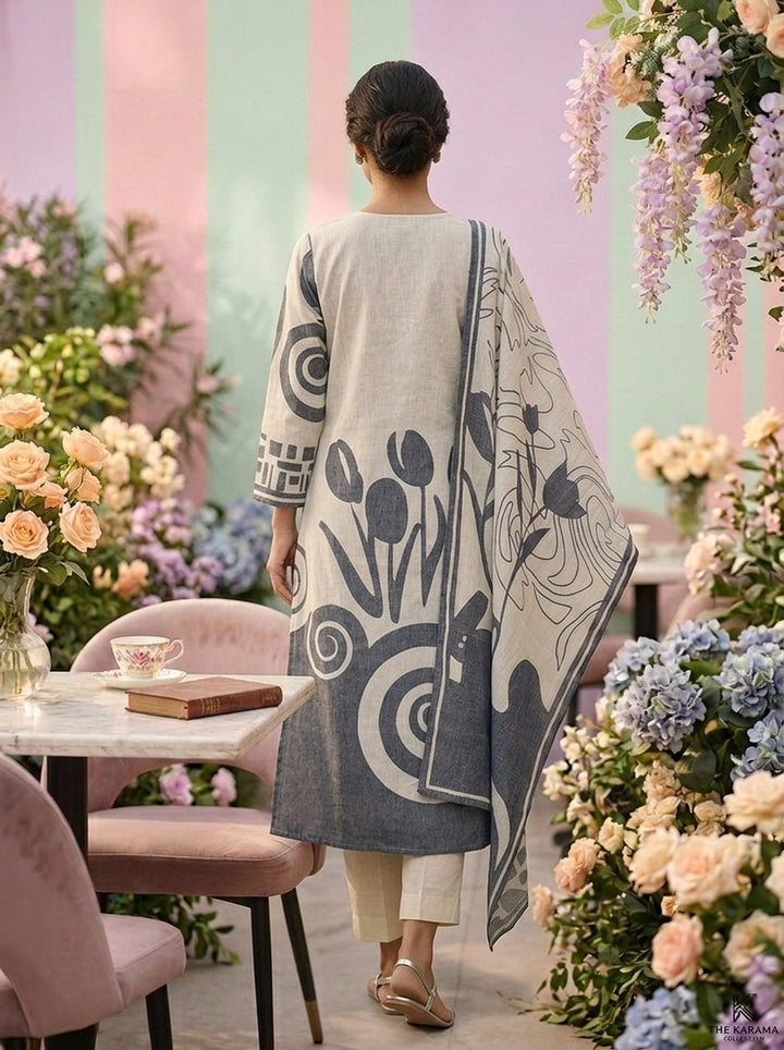Grey Linen Printed Three Piece Set