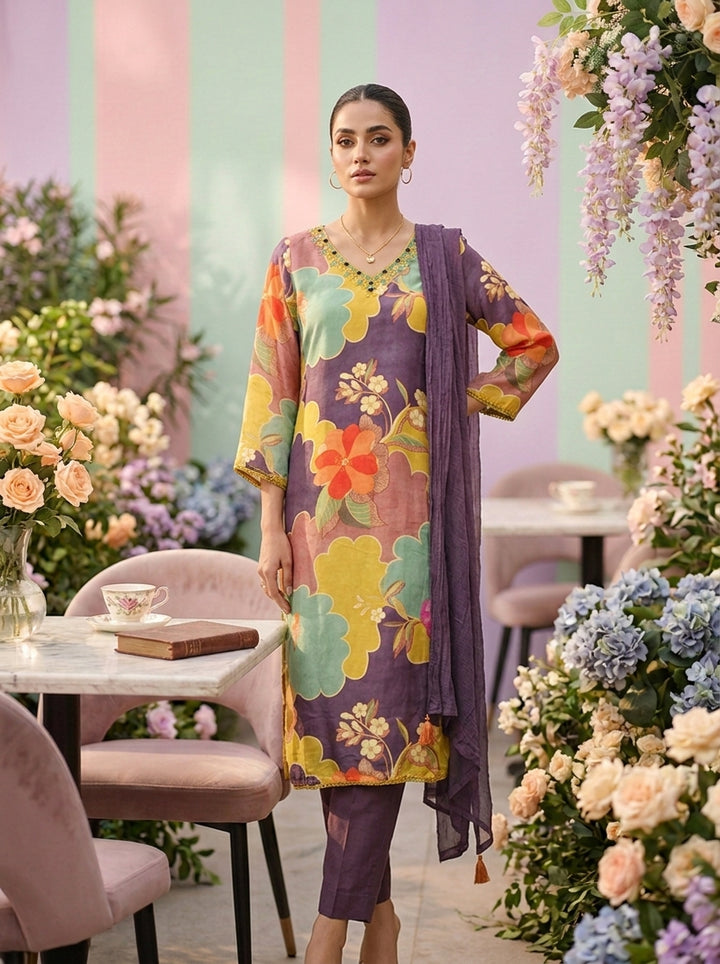 Green Muslin Floral Printed And Beads Embroidery Three Piece Set