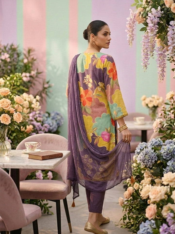 Green Muslin Floral Printed And Beads Embroidery Three Piece Set