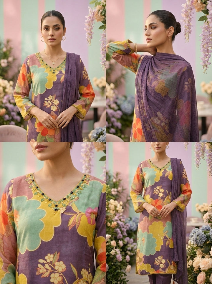 Green Muslin Floral Printed And Beads Embroidery Three Piece Set