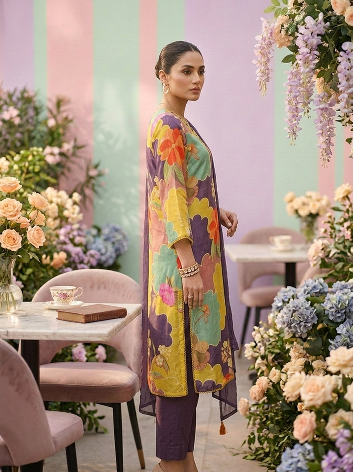 Green Muslin Floral Printed And Beads Embroidery Three Piece Set