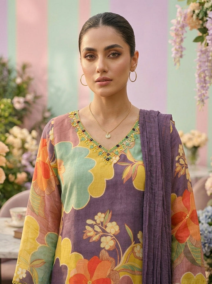 Green Muslin Floral Printed And Beads Embroidery Three Piece Set