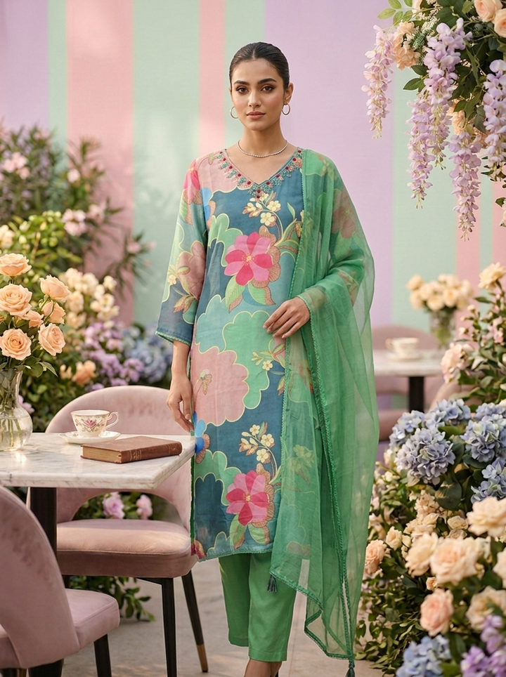 Sea Green Muslin Floral Printed And Beads Embroidery Three Piece Set