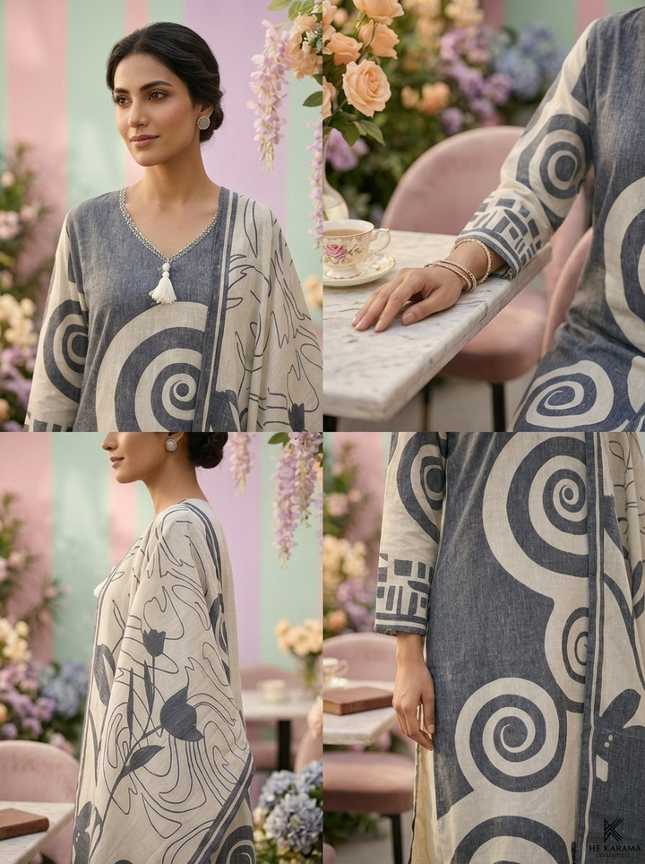 Grey Linen Printed Three Piece Set