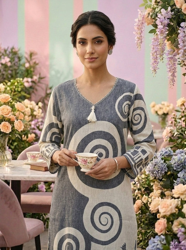 Grey Linen Printed Three Piece Set