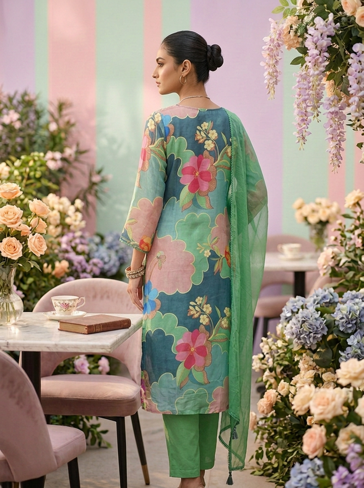 Sea Green Muslin Floral Printed And Beads Embroidery Three Piece Set