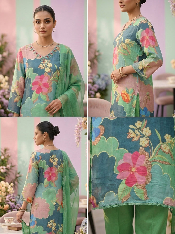 Sea Green Muslin Floral Printed And Beads Embroidery Three Piece Set