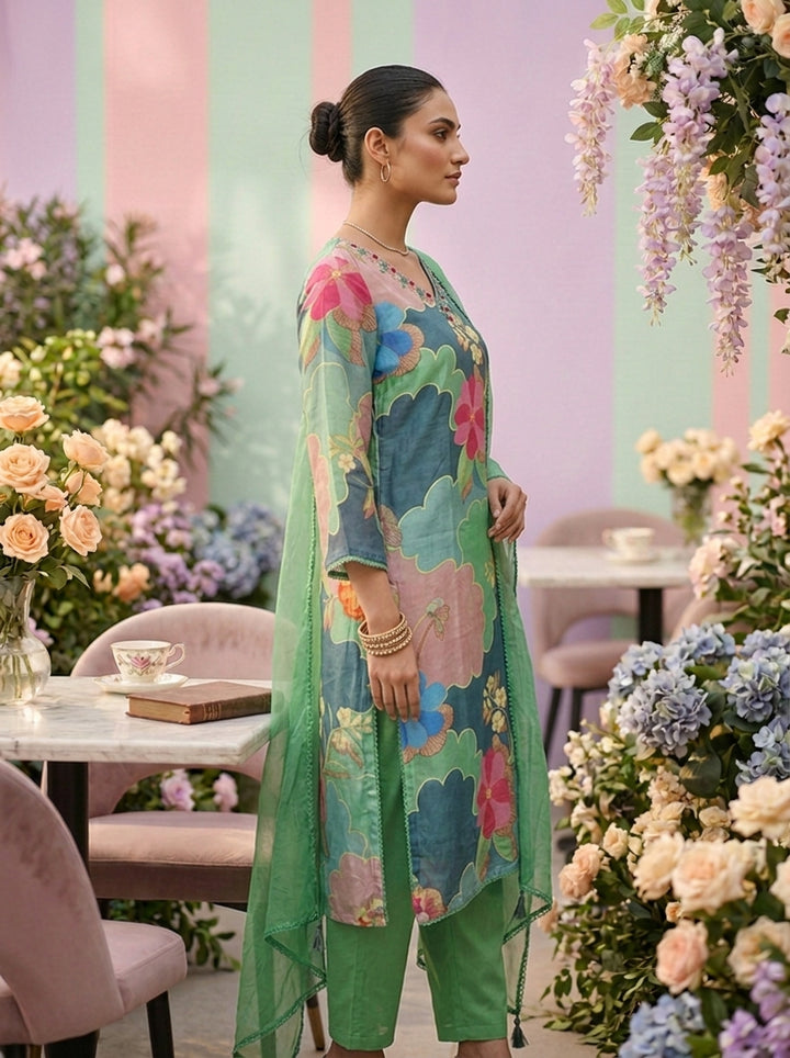 Sea Green Muslin Floral Printed And Beads Embroidery Three Piece Set