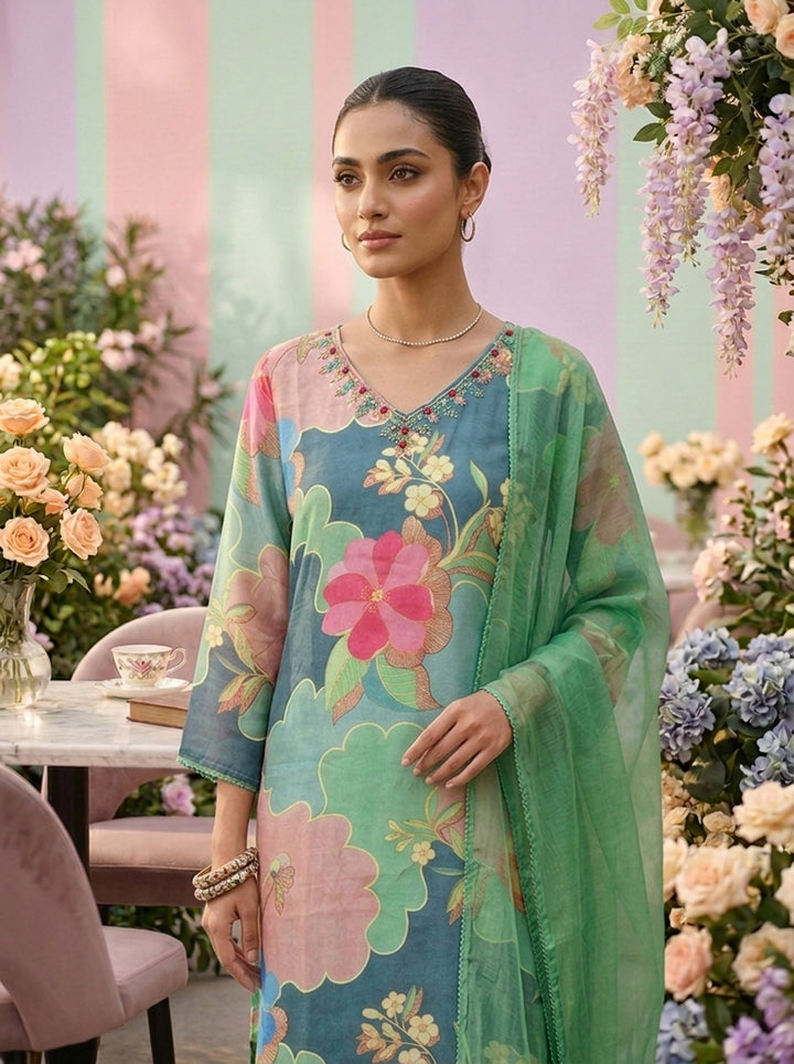Sea Green Muslin Floral Printed And Beads Embroidery Three Piece Set