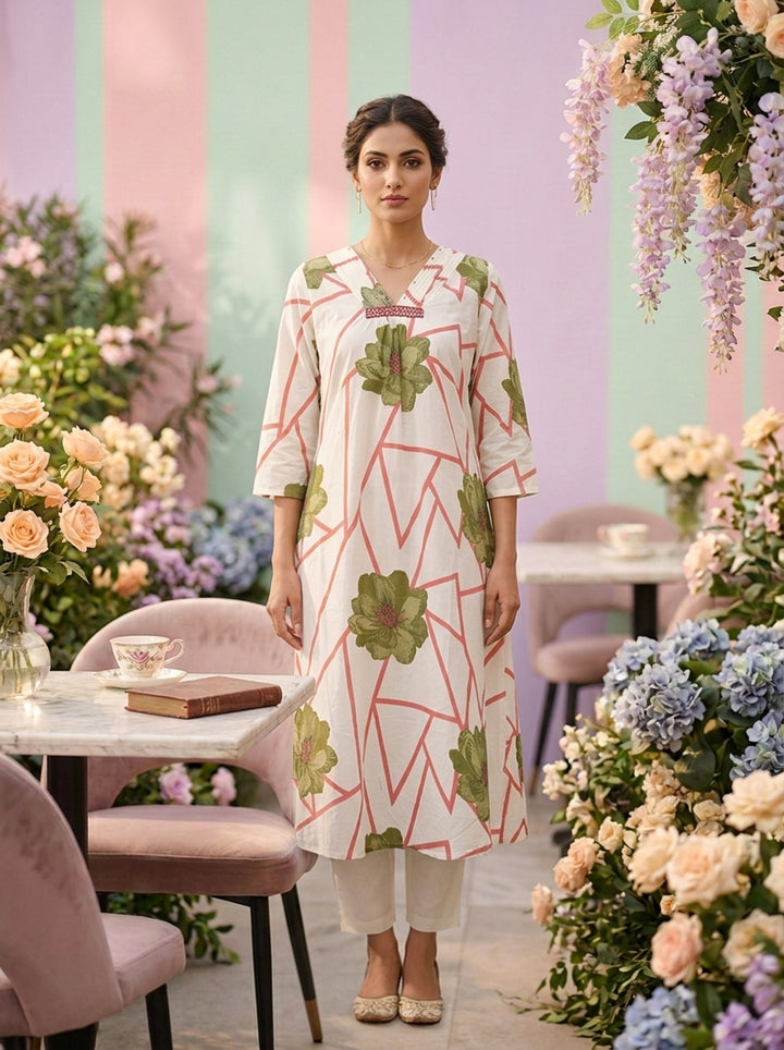Neerus Green cotton printed co-ord set - front view