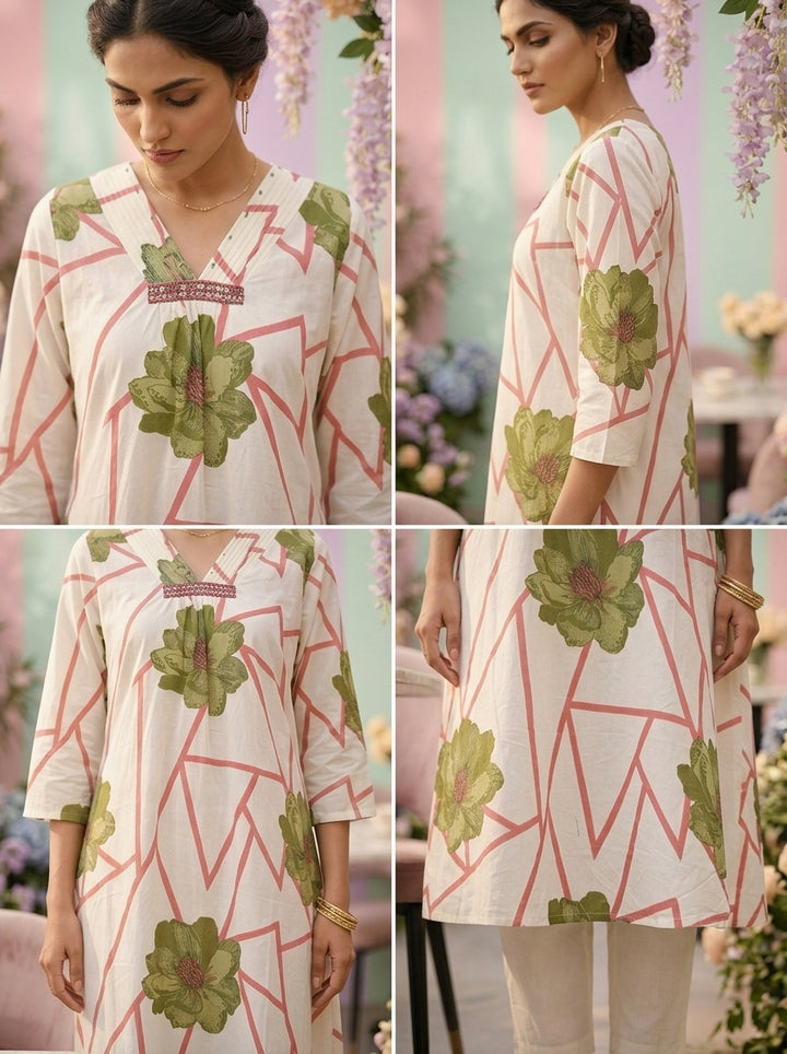 Neerus Green cotton printed co-ord set - side view