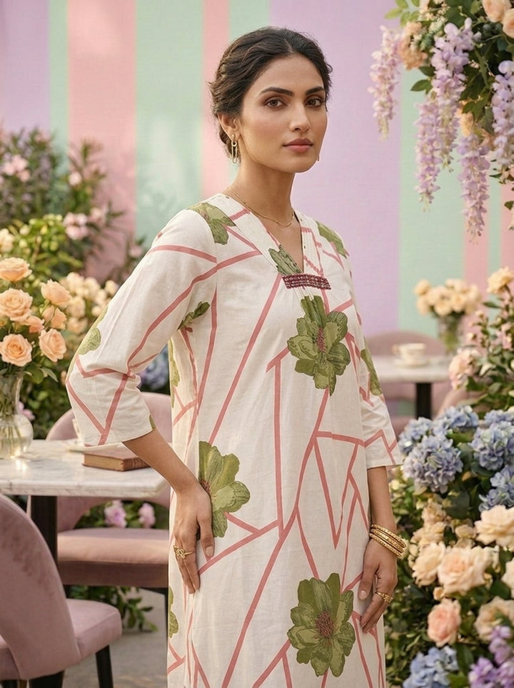 Neerus Green cotton printed co-ord set - detail view 2