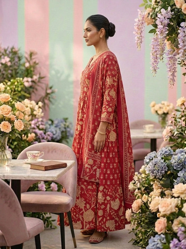 Neerus Pink cotton printed suit set - side view