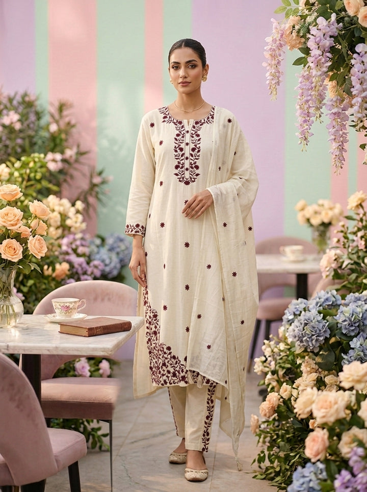 Off White Floral Embroidery Three Piece Set