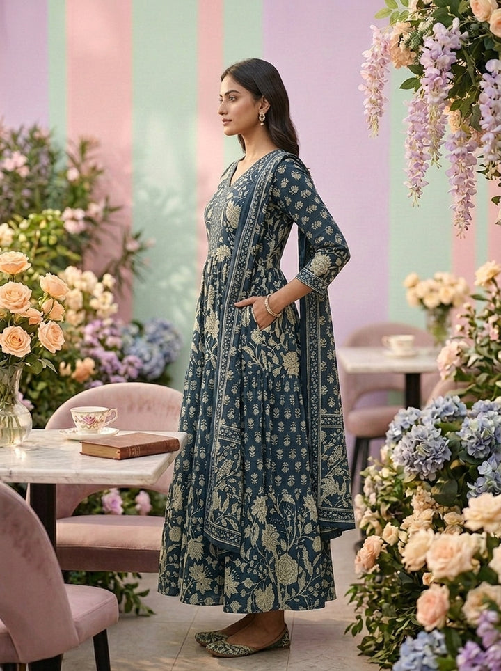 Neerus Green cotton printed suit set - detail view 1