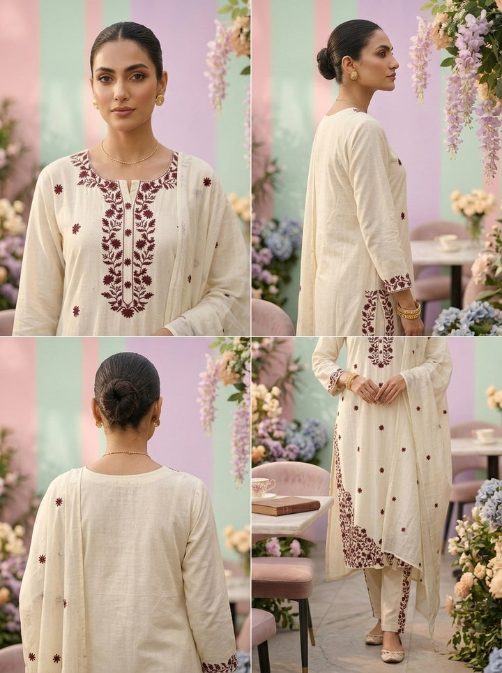 Off White Floral Embroidery Three Piece Set