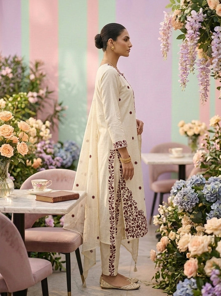 Off White Floral Embroidery Three Piece Set