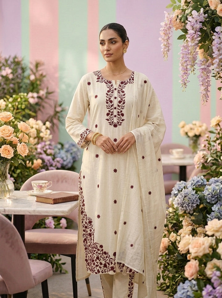 Off White Floral Embroidery Three Piece Set