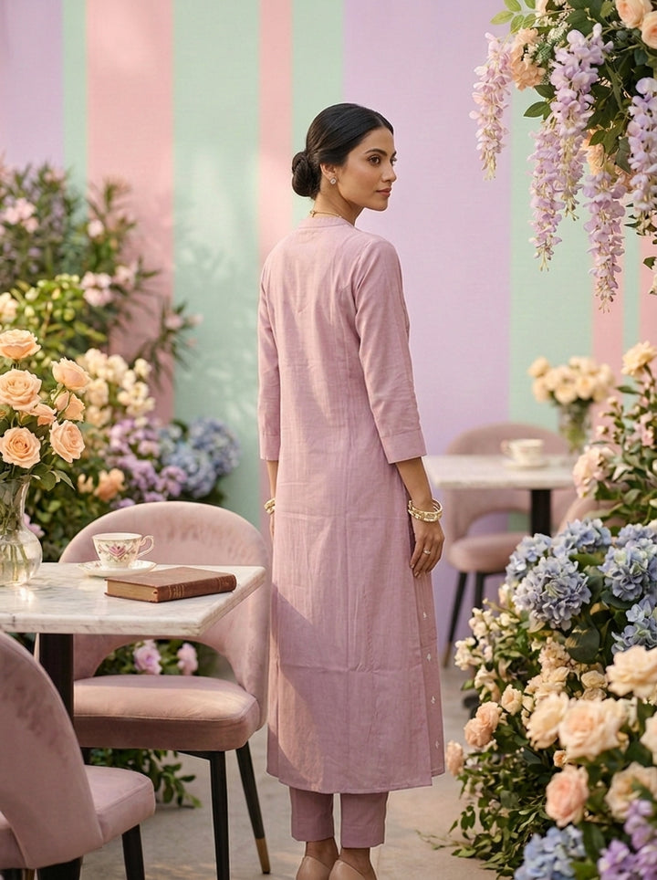 Neerus Purple muslin hand embroidered kurti - back view