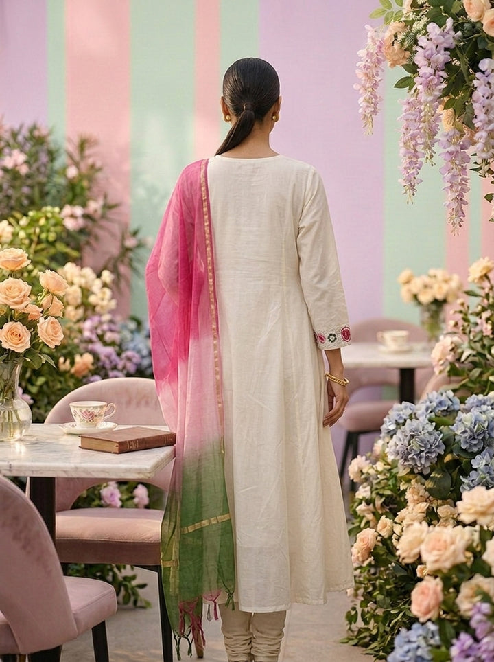 Neerus White Chanderi thread embroidered suit set - back view