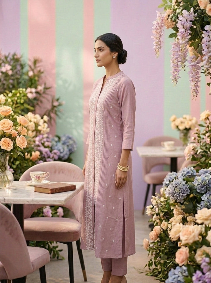 Neerus Purple muslin hand embroidered kurti - detail view 1