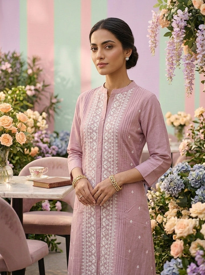 Neerus Purple muslin hand embroidered kurti - detail view 2