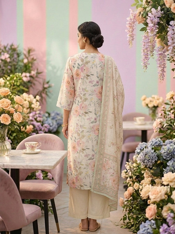 Neerus Beige linen printed suit set - back view