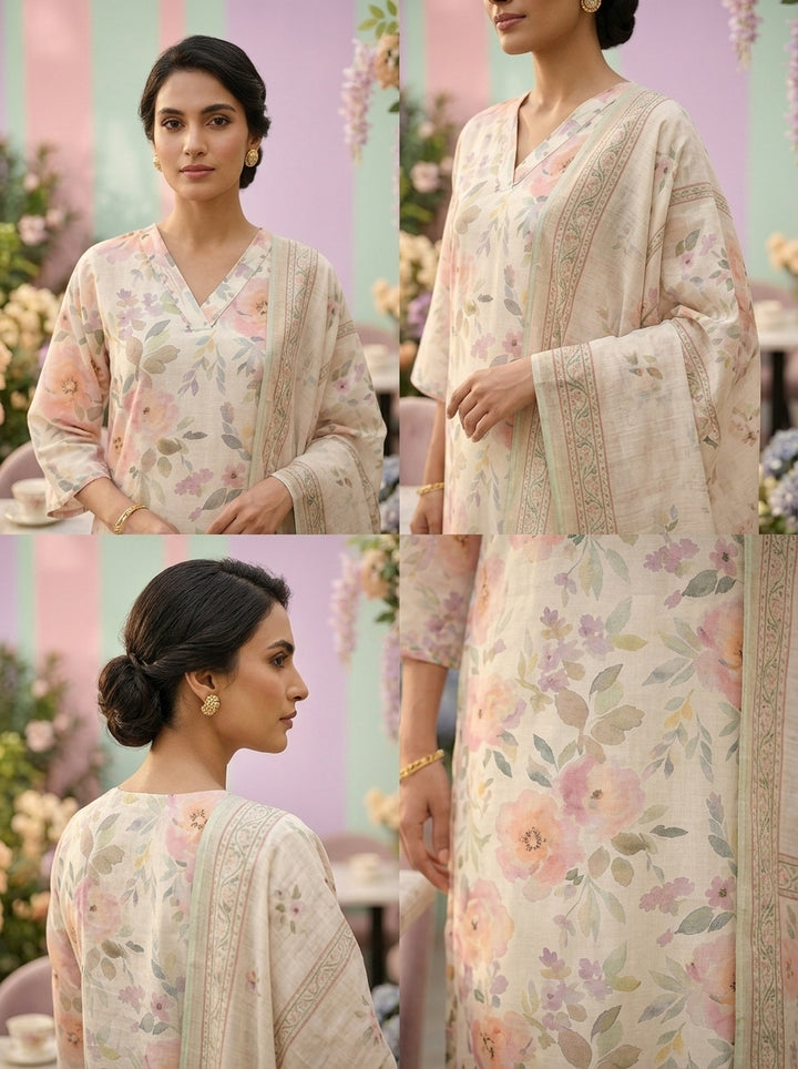 Neerus Beige linen printed suit set - side view